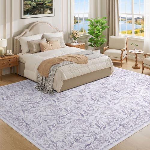 DUKINO 9x12 Area Rug for Living Room, Vintage Floral Washable Rug, Purple - Image 3