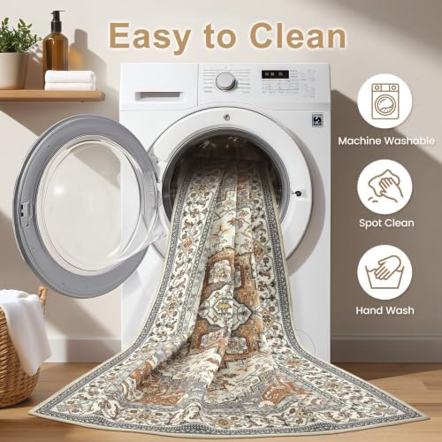 EIEIHOUSE 9x12 Area Rug Washable Vintage Rugs for Living Room Caramel Gray - Image 2