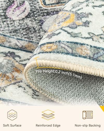 RELEANY Washable Area Rug, Round 7ft, Beige/Carbon Grey/Orange - Image 3