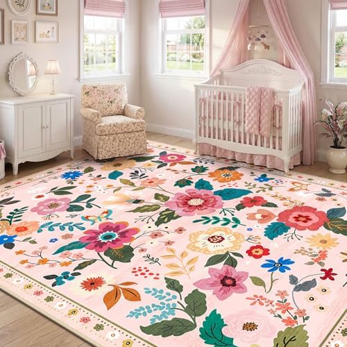 RELEANY Floral Washable 9x12 Area Rugs Pink - Image 2