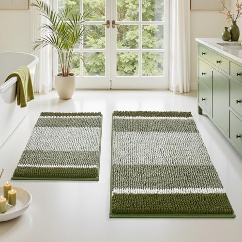 HOMEIDEAS Sage Green Bathroom Rugs Sets 2 Piece Chenille, 20"x32"+17"x24" by HOMEIDEAS