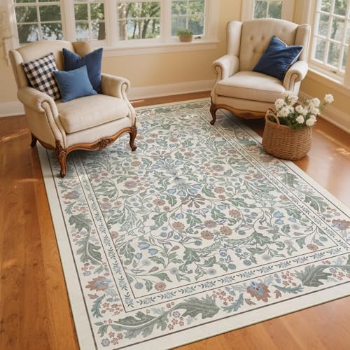 Floral Indoor Entrance 4x6 Area Rug, Washable Vintage Boho Entryway Rugs, Low Pile Non Slip Soft Carpet for Kitchen, Bedroom Beside, Laundry Room, Office Rug, Living Room, Nursery Room， Beige Green by NEIGELUO