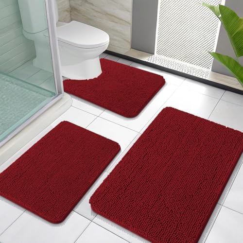 OLANLY Chenille Bathroom Rugs Sets 3 Piece, 30"x20"+24"x16"+24"x20", Red by OLANLY