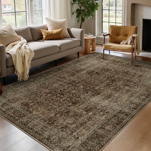 Coffee Brown 5x7 Living Room Rug, Vintage Distressed Washable Non Slip Area Rugs for Bedroom Dining Room, Warm Earth Tone Low Pile Thin Carpet Rugs for Den/Home Office/Kitchen/Foyer by Jainmy