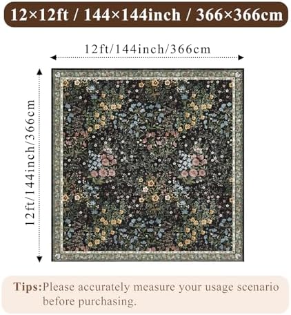 12x12 Square Area Rug Living Room: Boho Floral Washable Mat for Dining Room Bedroom Office High Traffic Area Soft Non Slip Low Pile Indoor Carpet for Vintage Farmhouse Home Decor (12ft Square, Black) - Image 2