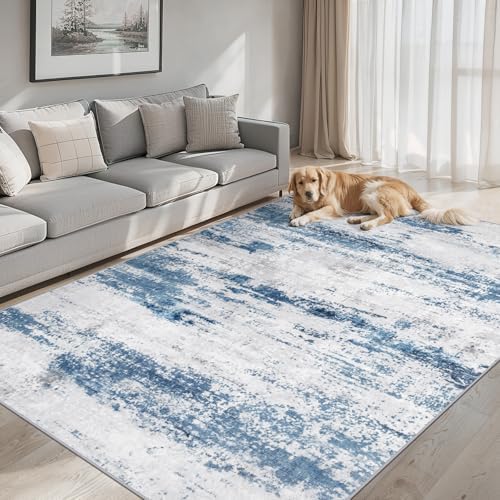 PLHXFR Area Rug Living Room: 5x7 Abstract Washable Carpet White Blue by PLHXFRSoftAreaRugs