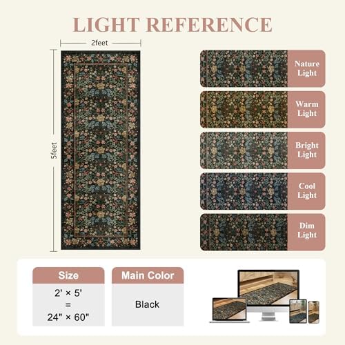 DUKINO 2x5 Rug Runner, Washable Vintage Floral Bathroom Rugs, Black - Image 2
