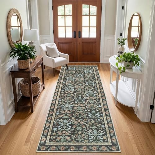 Non Slip 2x6 Kitchen Runner Rug Washable, Hallway Runner Rugs, Boho Vintage Floral Gold Black Non Skid Carpet Stain Resistance Ultra Soft Low Pile for Entryway, Bathroom Mats for Floor by SparkleGaze