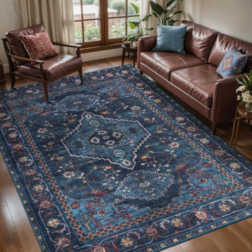 Tangsoo Vintage 4X6 Washable Area Rug, Blue Oriental Indoor for Living Room, Non Slip Machine Washable Large Tumble Rugs, Soft Print Carpet for Bedroom Dining Room Dorm Office Home Decor by Tangsoo