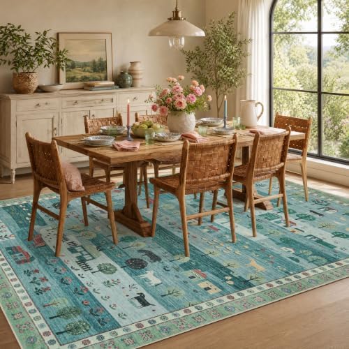 Machine Washable Area Rug 8x10 Ft, Whimsical Rug, Vintage Farmhouse, Green - Image 5