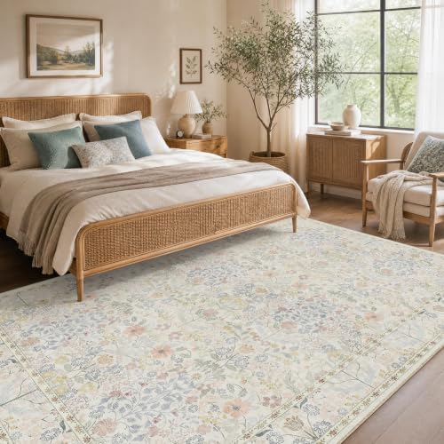 SparkleGaze White Beige Ivory Floral Living Room Rug 5x7 Area Rug - Vintage Washable Rug for Dining Room, Bedroom, Ultra Soft Low Pile Non Slip Stain Resistance Distressed Boho Farmhouse Flower Carpet - Image 4