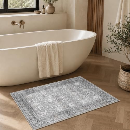 Schweek 2x3 Entryway Rug Non-Slip Washable Vintage Area Rugs Grey Door Mat - Image 3