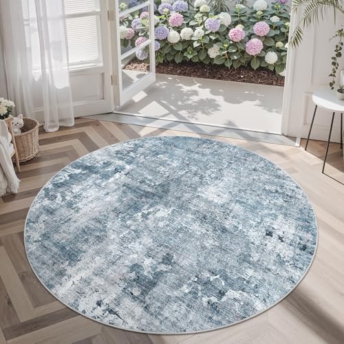 Soalmost Abstract 5x5 Round Rug 5ft Circle Living Room Rugs, Blue/Grey - Image 3