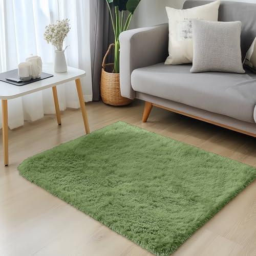 OLANLY 2x3 Machine Washable Small Bedside Rug, Soft Fluffy Shaggy Entryway Throw Rugs for Bedroom, Living Room, Indoor Floor Carpet for Kids Girls and Boys, Home Decor Aesthetic, Green - Image 3