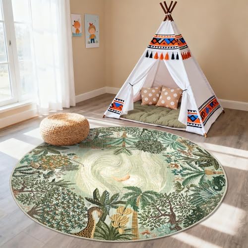 GarveeHome Round Area Rugs 5ft for Bedroom, Green Jungle Washable Circle Rug Soft Non Slip Forest Animal Print Floor Mat Tiger Carpet Indoor Thin Rug for Kids Room Dining Room Playroom Nursery - Image 2