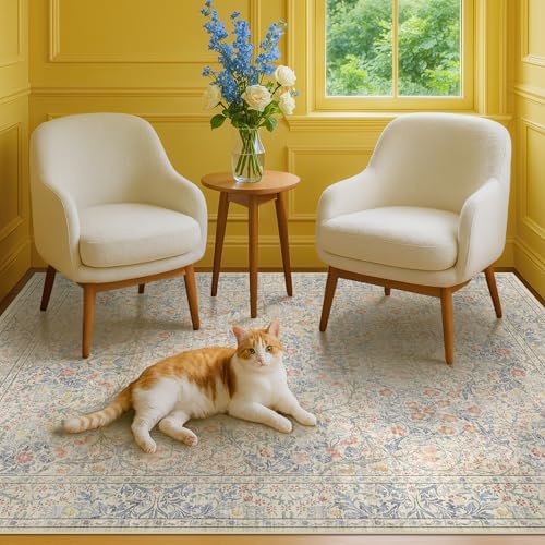 Beige Blue Living Room Rug 5x7, Cottage Area Rug for Bedroom, Vintage Washable Floral Mat for Nursery, Office, Low Pile Non Slip Stain Resistance French Country Style Retro Indoor (5x7 Beige Blue) by HazoHaus