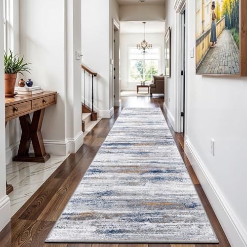 2x12 Washable Runner Rugs for Hallway: Long Abstract Runners for Entryway Dining Room Office - Stain and Water Resistant Rugs with Non-Slip Backing - Soft Low-Pile Carpet Navy Grey - Image 2