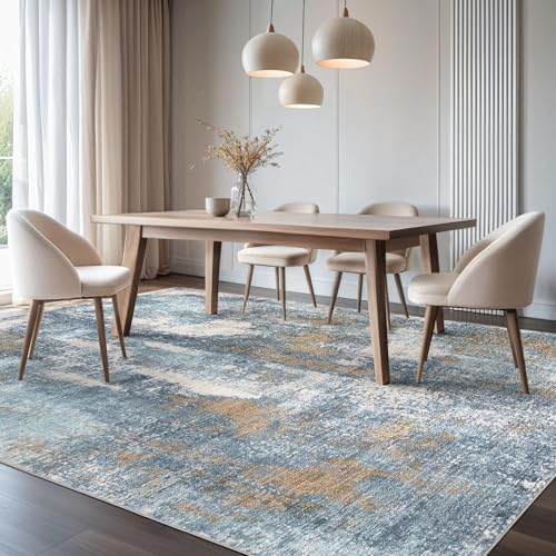 DMOYEST Area Rug Living Room Rugs - 10x12 Washable Large Soft Indoor Neutral Modern Abstract Low Pile Rug Carpet for Bedroom Dining Room Farmhouse Home Office - Blue Brown - Image 3