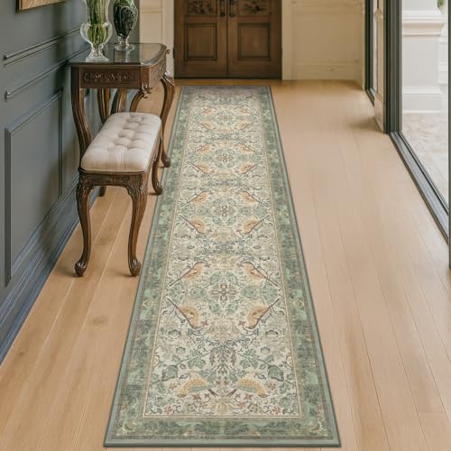 Vintage Sage Runner Rugs for Hallways - Light Green 2x10 Kitchen Runners, 10 ft Long Entryway Rug, Botanical Boho Pattern with Flowers and Leaves, Washable Non Slip Low Pile by HazoHaus