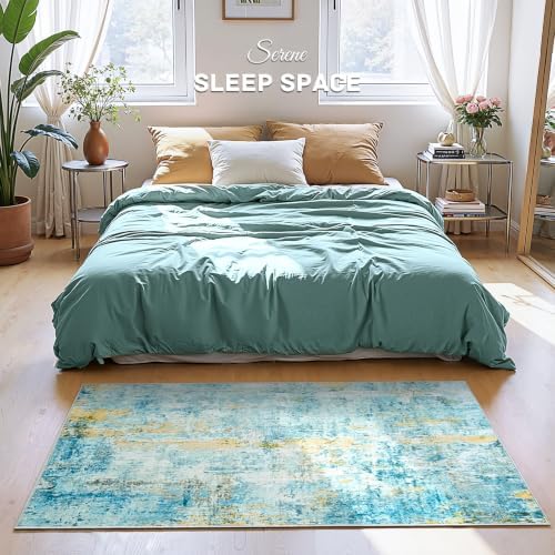 Entrance Rugs Indoor 2x4 Teal Blue Entry Rug Washable Abstract Black Small Area Rug Non-Slip Low Pile Throw Rugs for Entryway, Kitchen Floor, Front Door Indoor Door Mat, Bathroom, Bedroom Bedside - Image 2