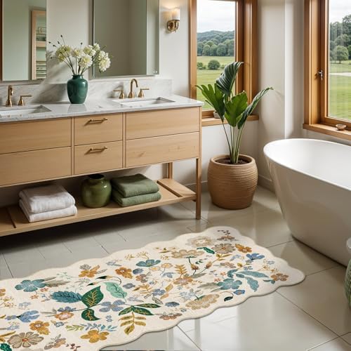 Washable 2x10 Runner Rug for Hallway: Floral Scalloped Kitchen Rugs Cream - Image 2