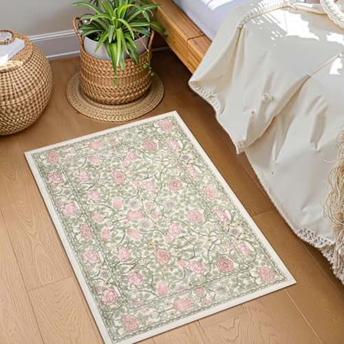 GarveeHome Pink Green Beige Floral Washable 2x3 Rug for Entryway Door Mat - Image 3