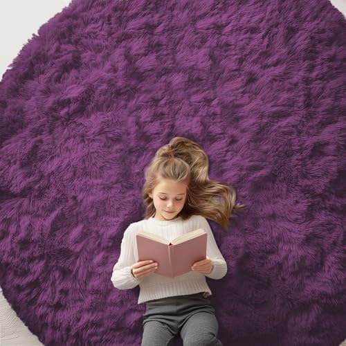 OLANLY Dark Purple Round Rugs for Bedroom - Machine Washable, 7 ft Circle Area Rugs for Living Room, Soft and Fluffy Shaggy Carpet for Teen Girl and Boys, Nursery Rooms, Dorms, Home Decor Aesthetic by OLANLY