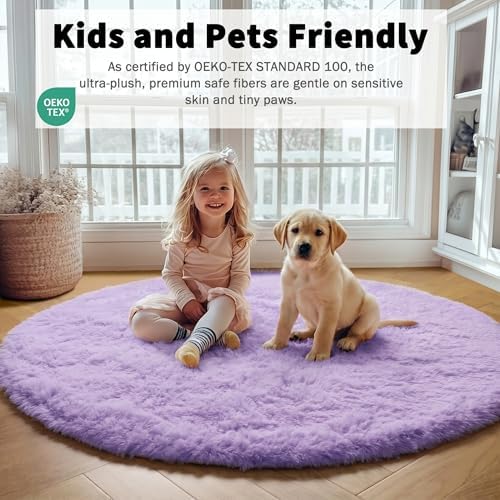 Light Purple Fluffy Round Rug Circle Area Rugs 4ft for Girls Kids Bedroom - Image 3