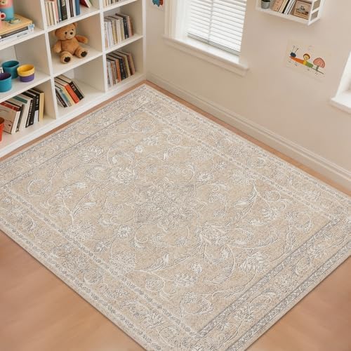 RCTJHOME 5x7 Beige Grey Vintage Floral Washable Area Rug Non-Slip Carpet - Image 3