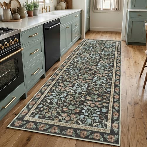 Non Slip 2x6 Kitchen Runner Rug Washable, Hallway Runner Rugs, Boho Vintage Floral Gold Black Non Skid Carpet Stain Resistance Ultra Soft Low Pile for Entryway, Bathroom Mats for Floor - Image 4