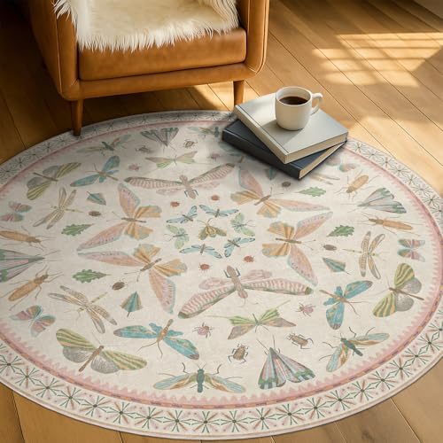 Insect Pink and Blue 5ft Round Area Rug for Living Room - Washable Floral Fun Boho Rugs for Playroom, Girls Bedroom Décor with Butterfly Pattern - Low Pile Soft Circle Carpet by HazoHaus