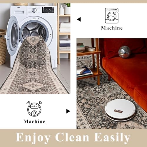 Kitchen Runner Rug 4x12 Washable - Wide Vintage Hallway Entryway Rugs with Non Slip Backing Indoor Stain Resistant Thin Carpet for Living Room Bedroom Ultra Soft Home Decor Floor Mat 4'x12' Black - Image 4
