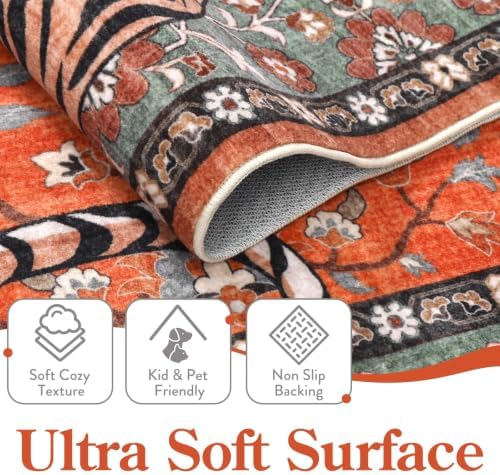 Moynesa Tiger Washable Area Rug, 9x12 Living Room Rug, Vintage Non Slip Large Rug for Dining Room, Ultra Thin Boho Soft Stain Resistant Indoor Carpet for Bedroom Guest Room, Rust - Image 3