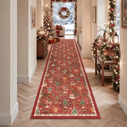 Christmas Runner Rug 2x8 for Hallway, Red Non Slip Washable Low Pile Rug - Image 4