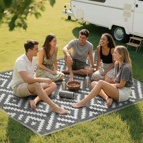 RURALITY Outdoor Rugs 9x12 Feet for Patios Clearance,Plastic Straw Waterproof Mats for Backyard,Porch,Deck,Balcony,Grey&White - Image 7