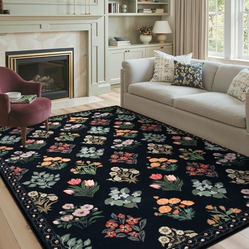 Wonnitar Floral Print Rug for Living Room, Black Washable 5x7 Area Rugs, Ultra-Thin Non Slip Stain Resistant Bedroom Carpet for Dining Room Playroom Office Dorm, Black/Multi by Wonnitar