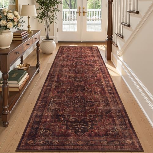 Washable Hallway Runner Rug 2.6'x8', Vintage Medallion, Dark Red by Jainmy