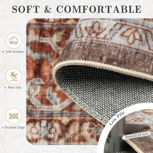 8x10 Area Rugs for Living Room - Washable Vintage Retro Large Rug, Soft Ultra Thin Non Slip Low Pile Distressed Boho Traditional Carpet for Bedroom Dining Room Home Office, Rust Clay - Image 7