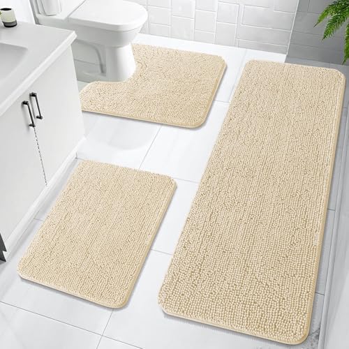 OLANLY Chenille Bathroom Rugs Sets 3 Piece, 59"x20"+24"x16"+24"x20", Beige by OLANLY