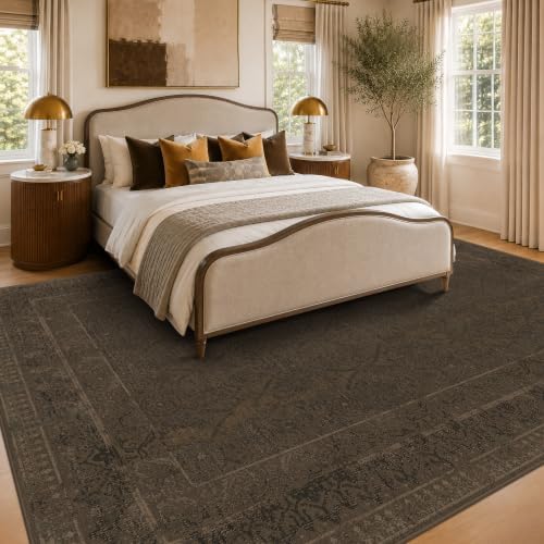 Brown Vintage Washable 8x10 Area Rug for Living Room & Bedroom, Non-Slip Distressed Rugs for Dining Room Under Table, Low Pile Stain Resistant Floor Carpet, Modern Farmhouse Décor - Image 3
