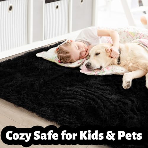 Amdrebio Black Furry Large Area Rug 8x10 for Living Room Men Bedroom Carpet - Image 2