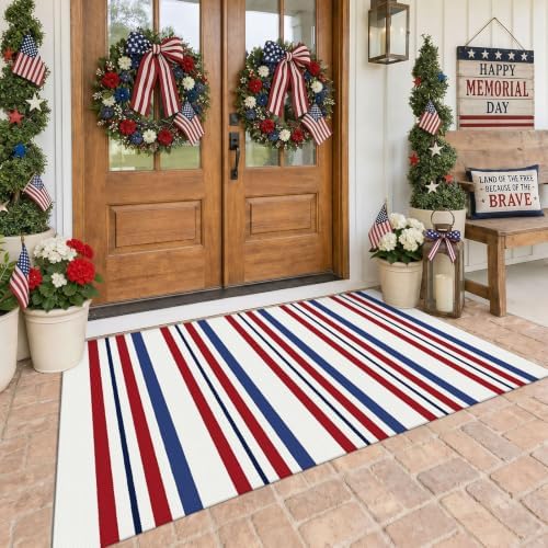 KOZYFLY 4x6 ft Patriotic Striped Rug, Washable Rug for Front Door Porch by KOZYFLY