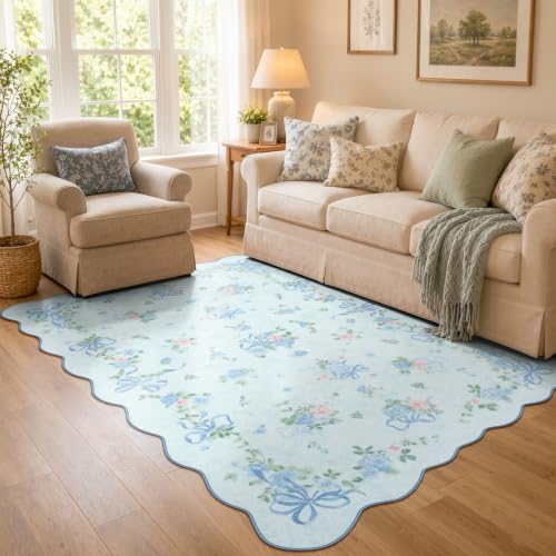 Wonnitar 5x7 Blue Rug for Bedroom, Washable Boho Bow Floral Rug for Dorm - Image 5