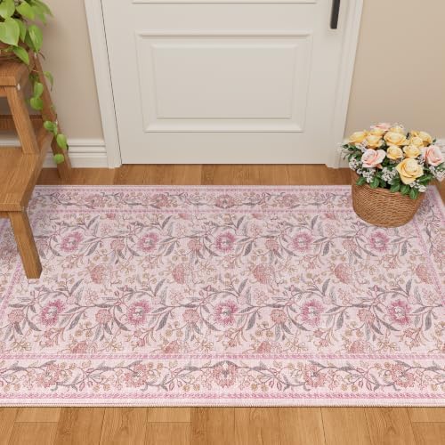 DUKINO 2x4 Rug, Washable Vintage Floral Entryway Rug Non Slip, Pink - Image 5