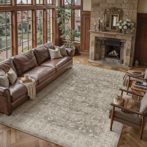 PureCozy Brown Gray Area Rug 9x12 Vintage Floral Distressed - Image 2