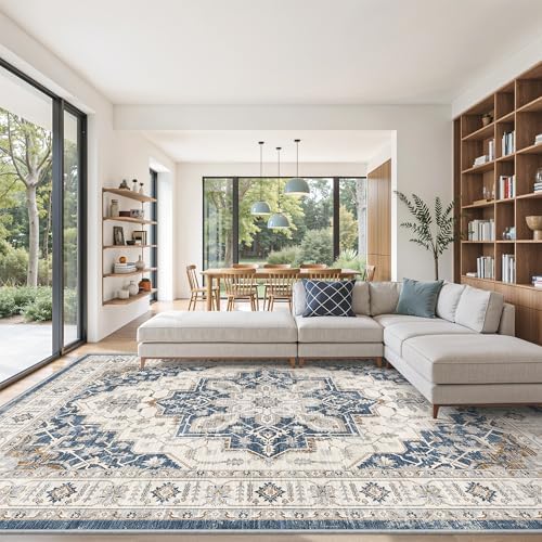 befbee 8x10 Area Rugs for Living Room, Washable Vintage Non Slip Rug Blue by Befbee