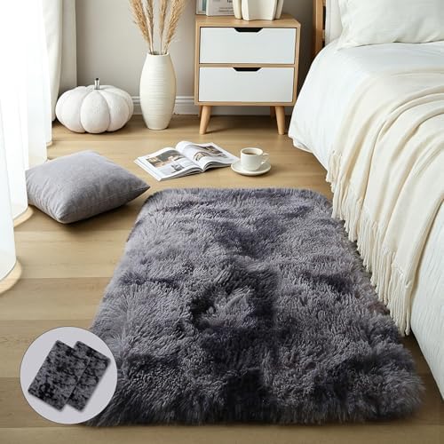 Dark Grey Fluffy Shag Rug 2x3, 2 Pcs Soft Plush Fuzzy Washable Non Slip by KICHOWUA