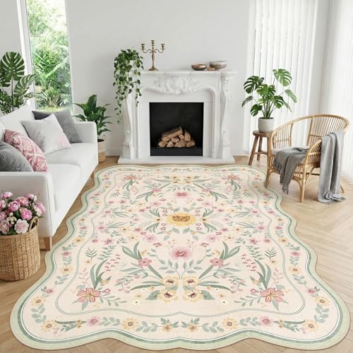 Scalloped Rug 7x9, Sage Green Floral Washable Non Slip Area Rug for Bedroom, Soft Low Pile Cottagecore Rug for Girls Room, Nursery, Dorm, or Reading Nook Green Beige by Dadasgk