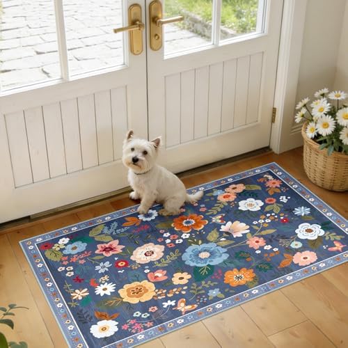 Floral Washable 2x4 Area Rugs Runner Entryway Hallway Blue/Grey by RELEANY