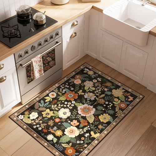 RELEANY Floral Washable 2x3 Area Rugs Doormat Black/Yellow - Image 2